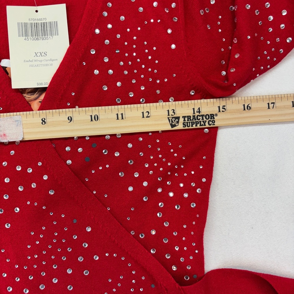 BOSTON PROPER Red Embellished Wrap Cardigan Sweater XXS Sparkle Tie Waist New - Picture 6 of 11